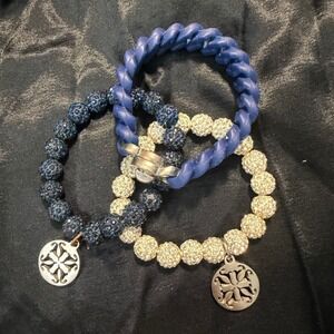 Rustic Cuff Bracelet Set‎ OS Blue Silver Pave Crystal Beaded Twisted Curb Link